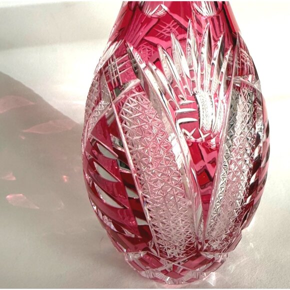 handcut Crystal Vase/decanter? Intricate Ruby/Pink Clear cut/Etched 9.25" - Picture 2 of 9